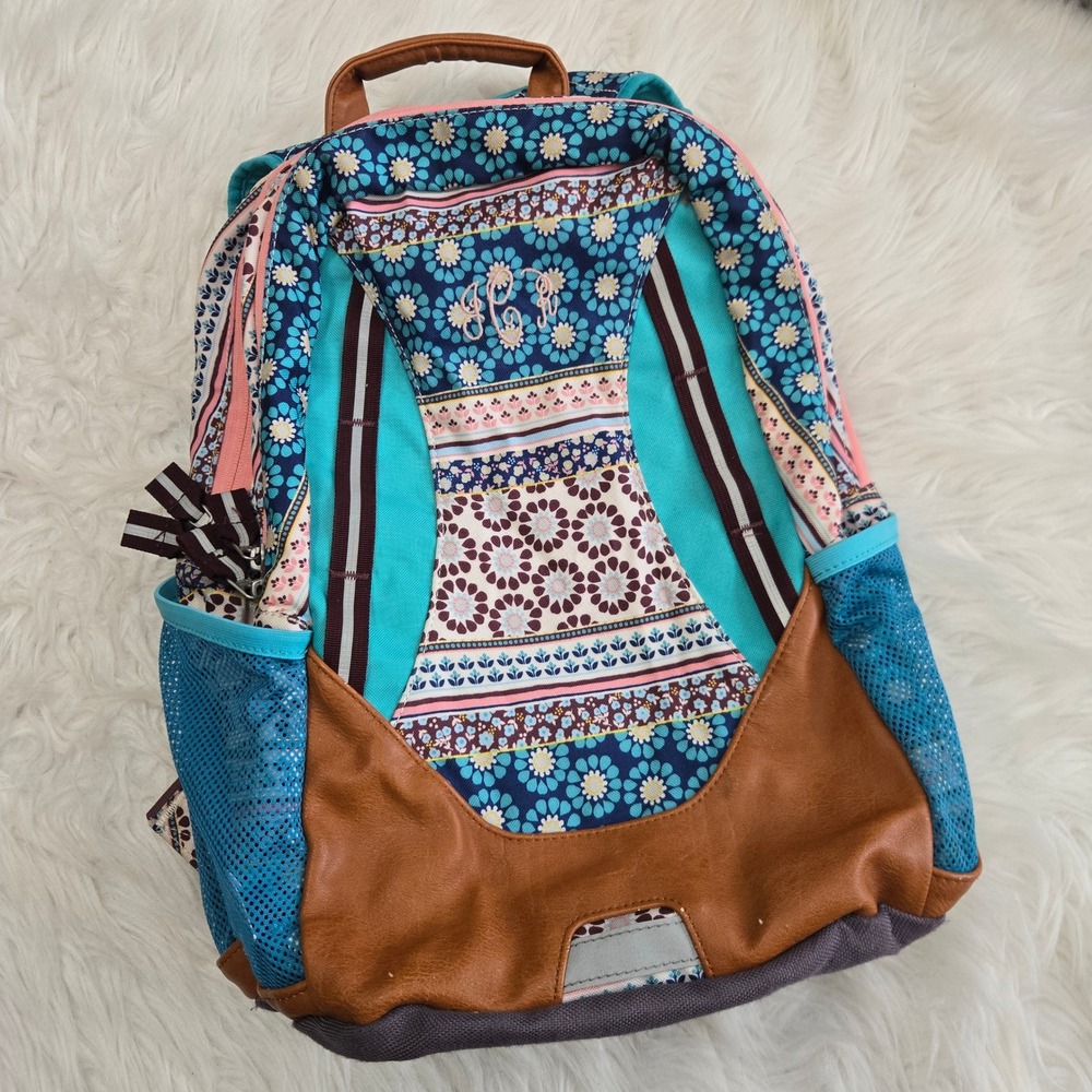 Garnet Hill Kids Floral Boho‎ Backpack Blue Pink Monogram School Bag 17in